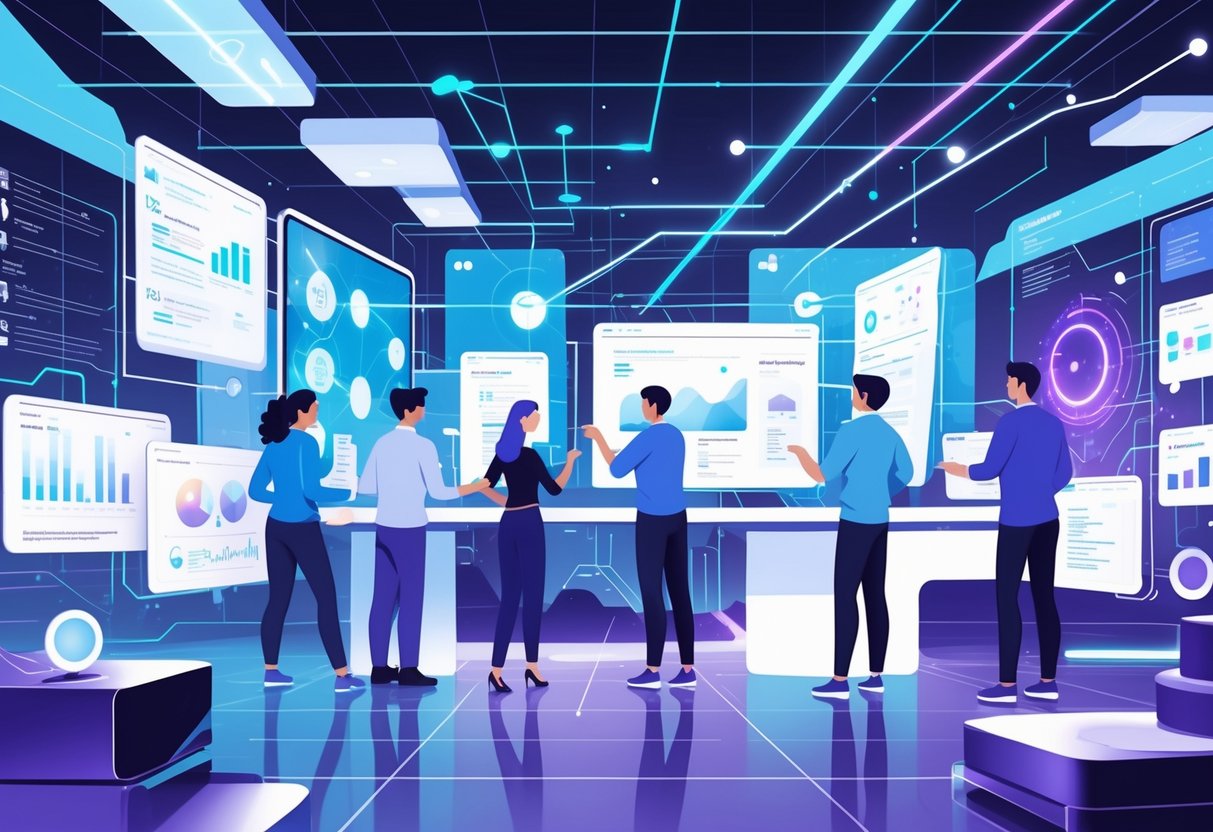A futuristic workspace with professionals collaborating around digital screens and holographic interfaces showing data visualizations and technology platforms.