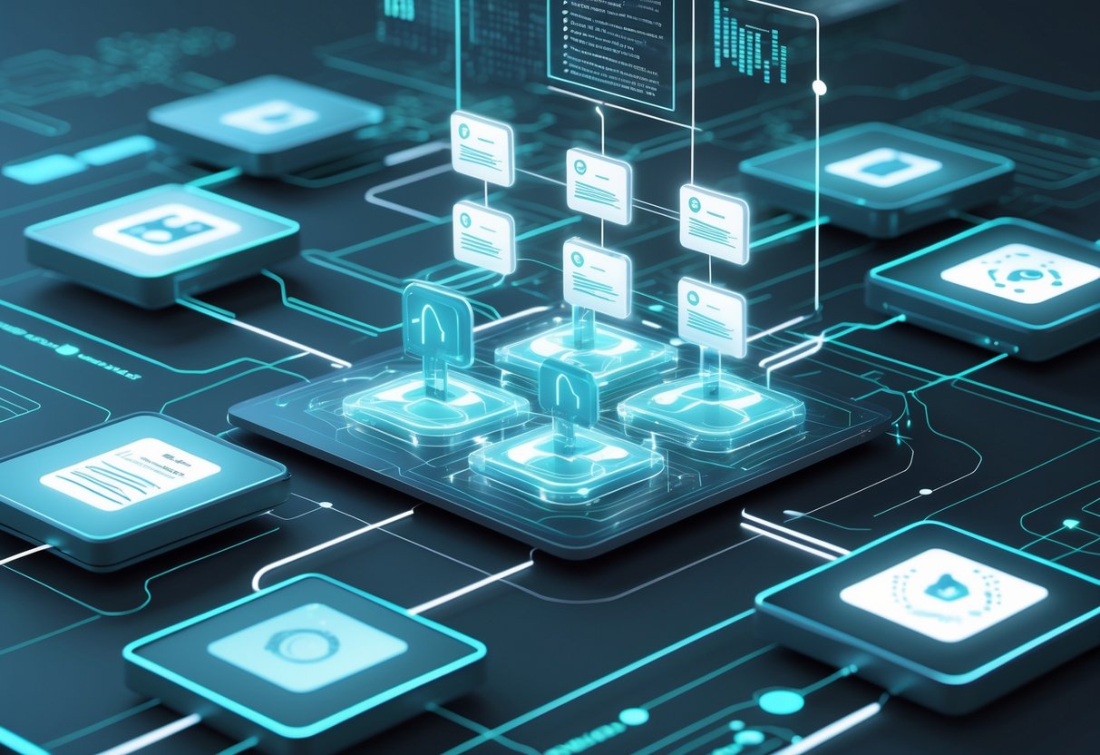 A futuristic digital network showing interconnected data nodes, secure data agreements, and layered structures representing semantic data flow.