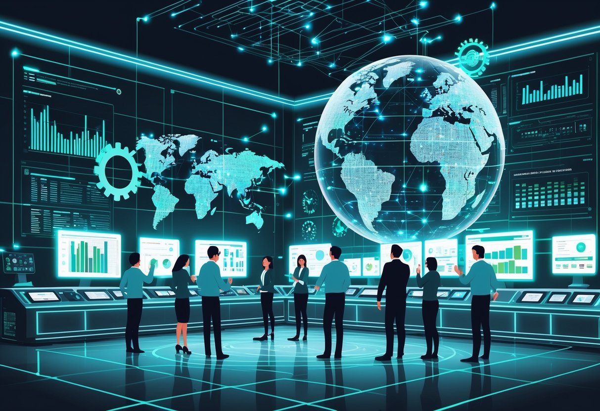 A group of engineers and data scientists working with floating digital screens and holographic data visualizations in a high-tech control room, with a glowing digital globe made of data nodes in the background.