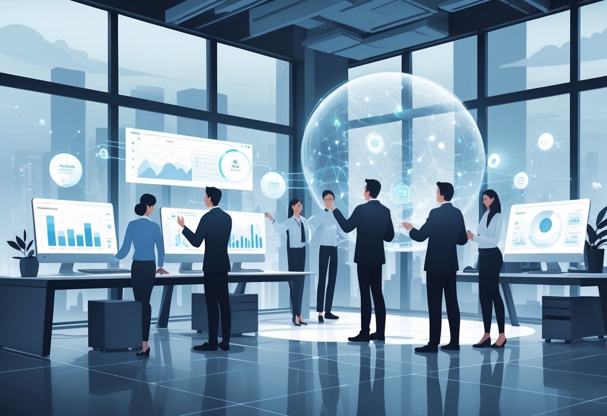 A group of professionals working together with futuristic digital data displays and holographic charts in a modern office setting.