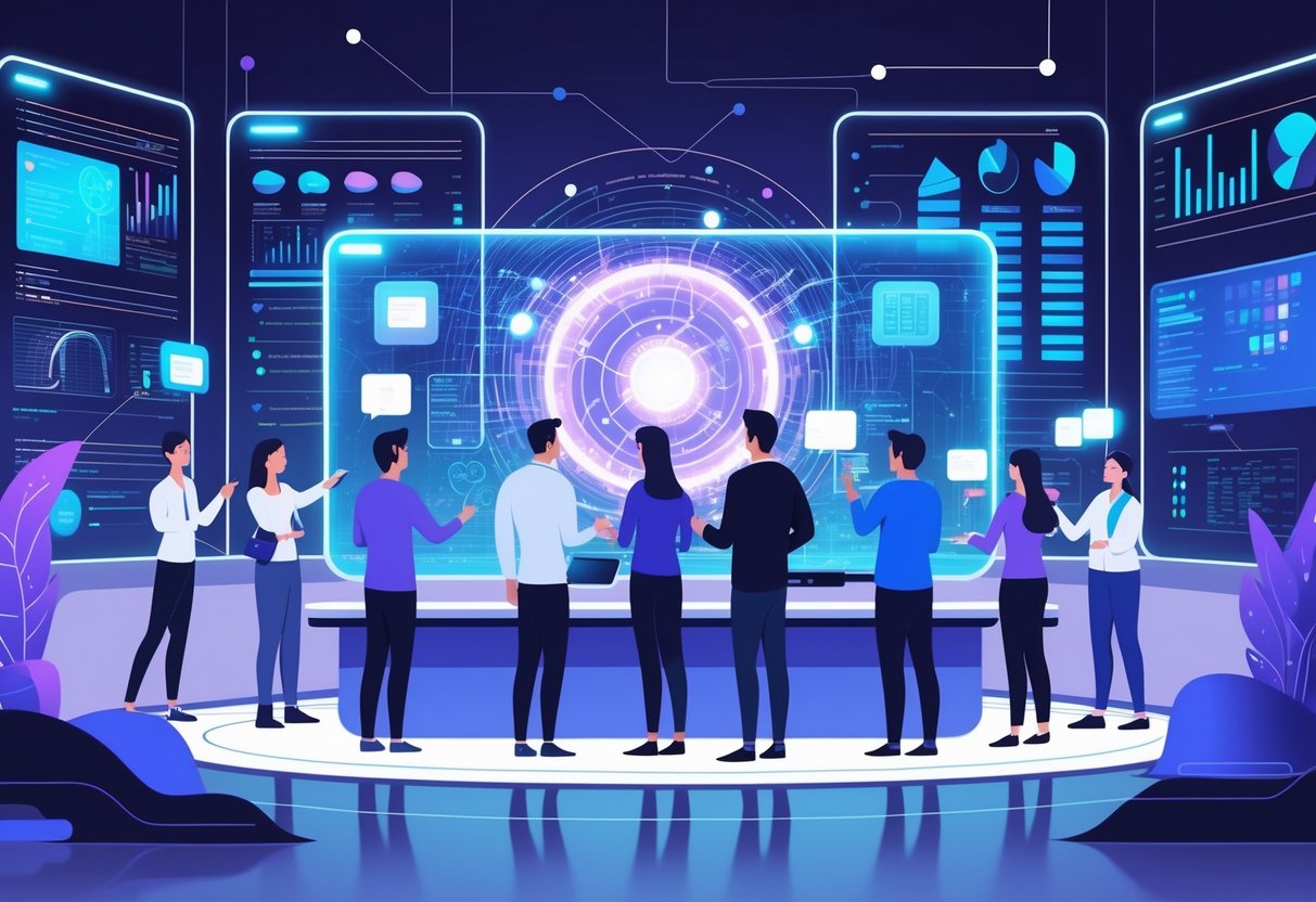 A group of engineers working with floating holographic screens showing different types of data, connected to a glowing AI core in a bright, high-tech workspace.