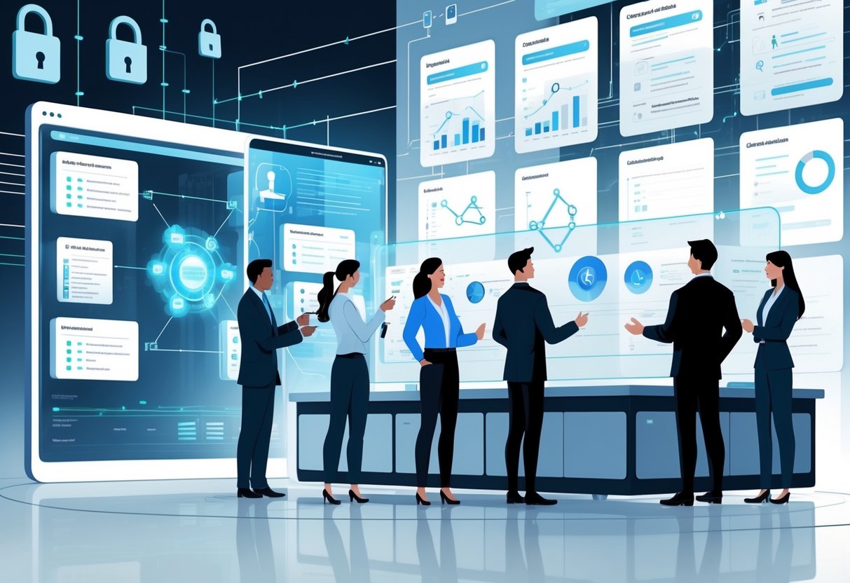 A group of professionals interacting with holographic data displays in a high-tech control room, showing data connections, security icons, and charts representing data governance and analytics.