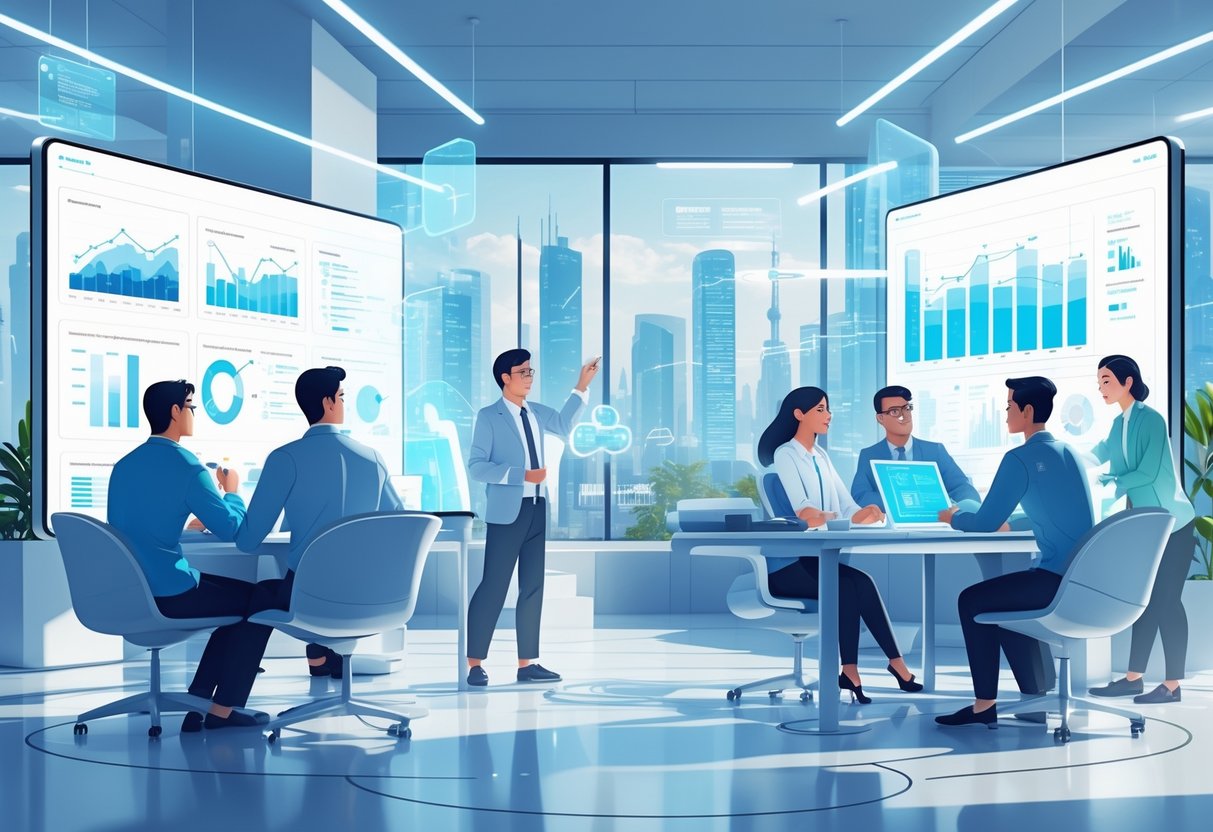 A diverse team of professionals working together around futuristic digital screens displaying data visualizations in a modern office with a cityscape visible through large windows.