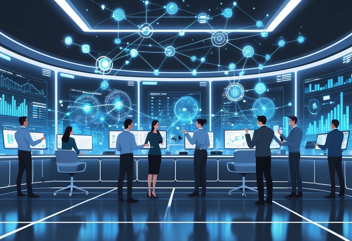 A group of professionals working with futuristic digital data screens and holograms in a high-tech room with a cityscape in the background.