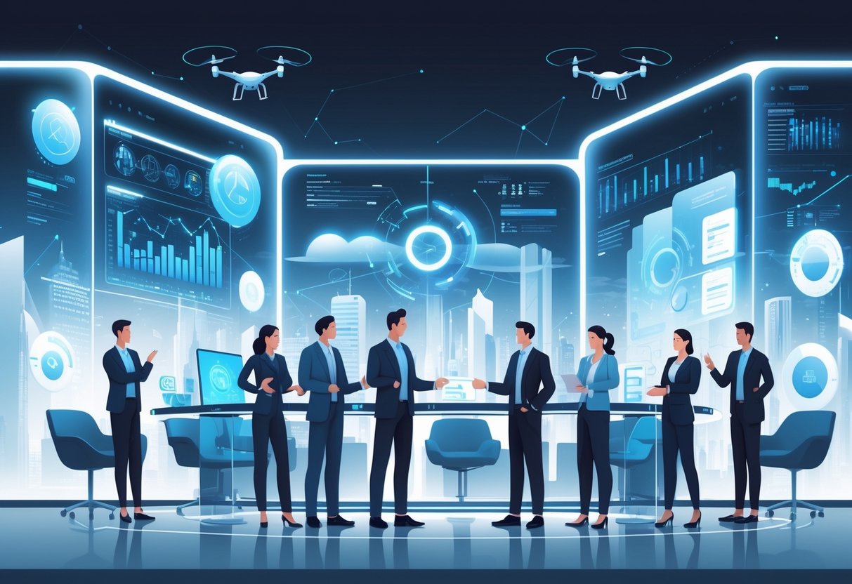 A group of professionals collaborating around a high-tech table with floating digital data visualizations, set against a futuristic cityscape.