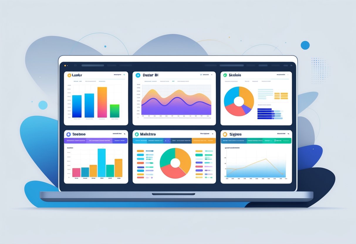 Five modern computer and tablet screens arranged together, each displaying different colorful data visualizations and charts representing popular business intelligence tools.