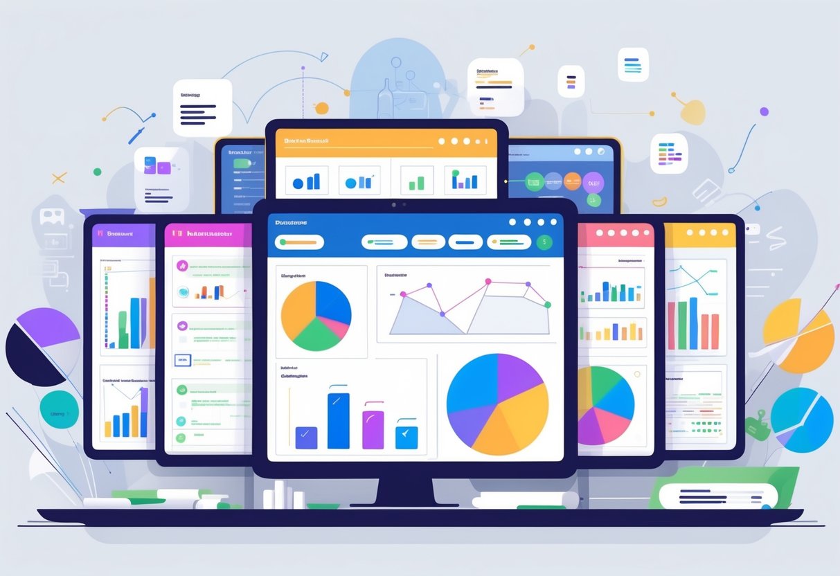 Five digital dashboards side by side, each showing different types of data visualizations representing top business intelligence tools.