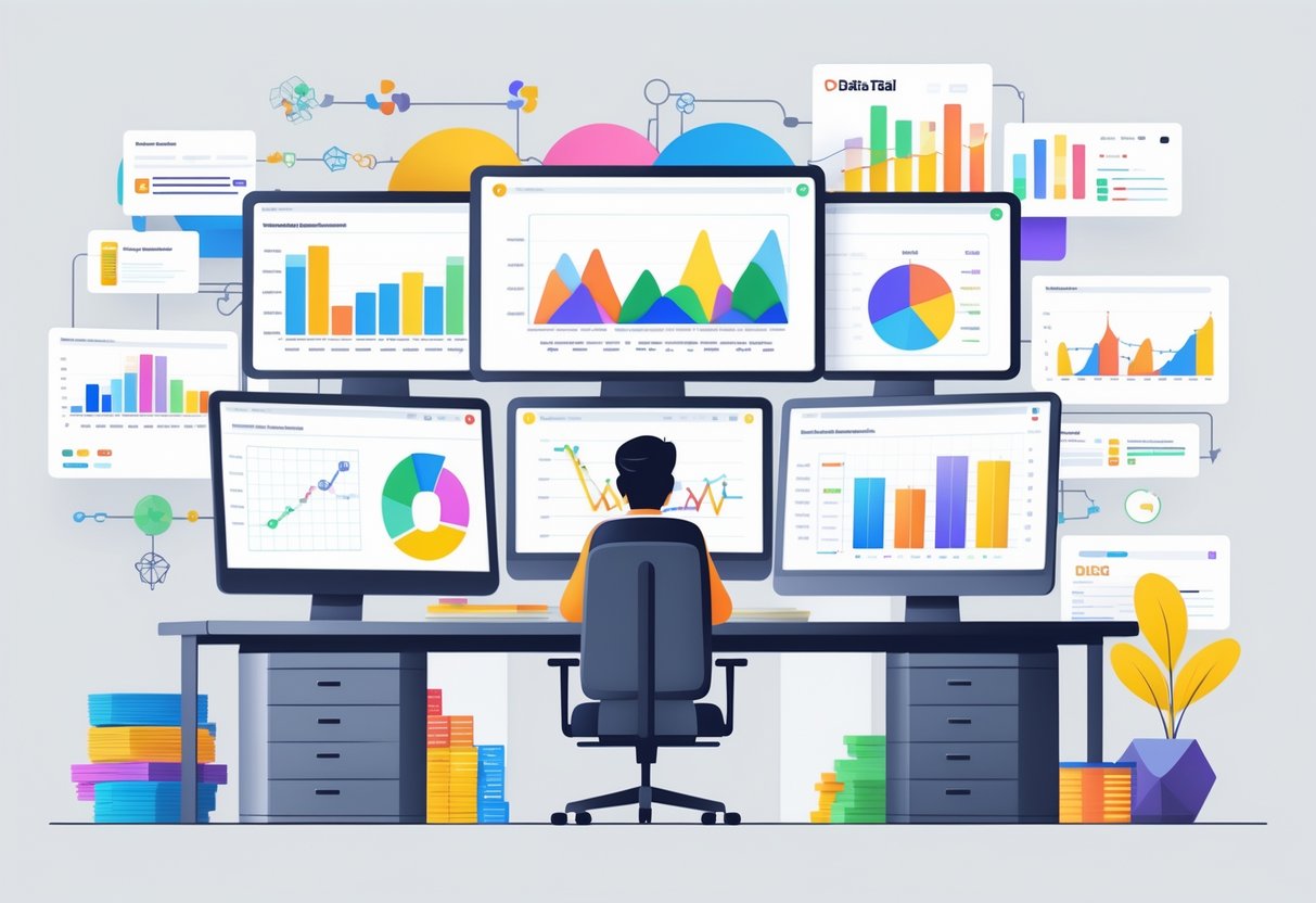 A modern workspace with multiple monitors displaying colorful data visualizations and abstract elements representing business intelligence tools and data analytics.