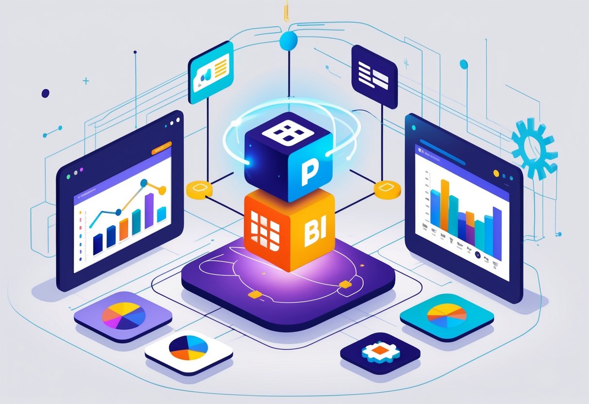 A digital illustration showing Power BI connected with four other business intelligence tools through glowing lines, representing integration within a technology workspace.