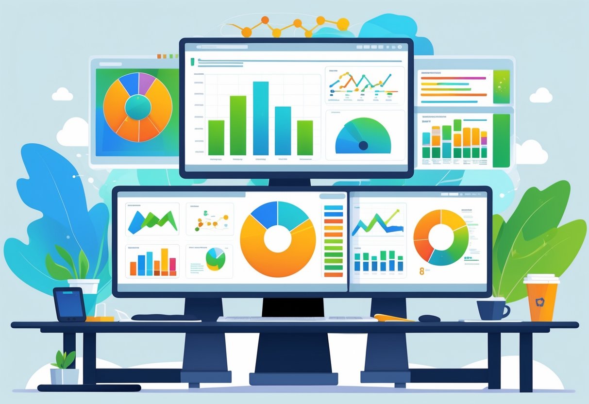 A workspace with multiple computer monitors showing colorful data visualizations and abstract icons representing popular business intelligence tools, with office items around the desk.