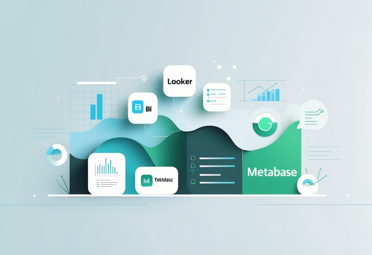 Five abstract icons representing popular business intelligence tools arranged with data charts and graphs in the background.