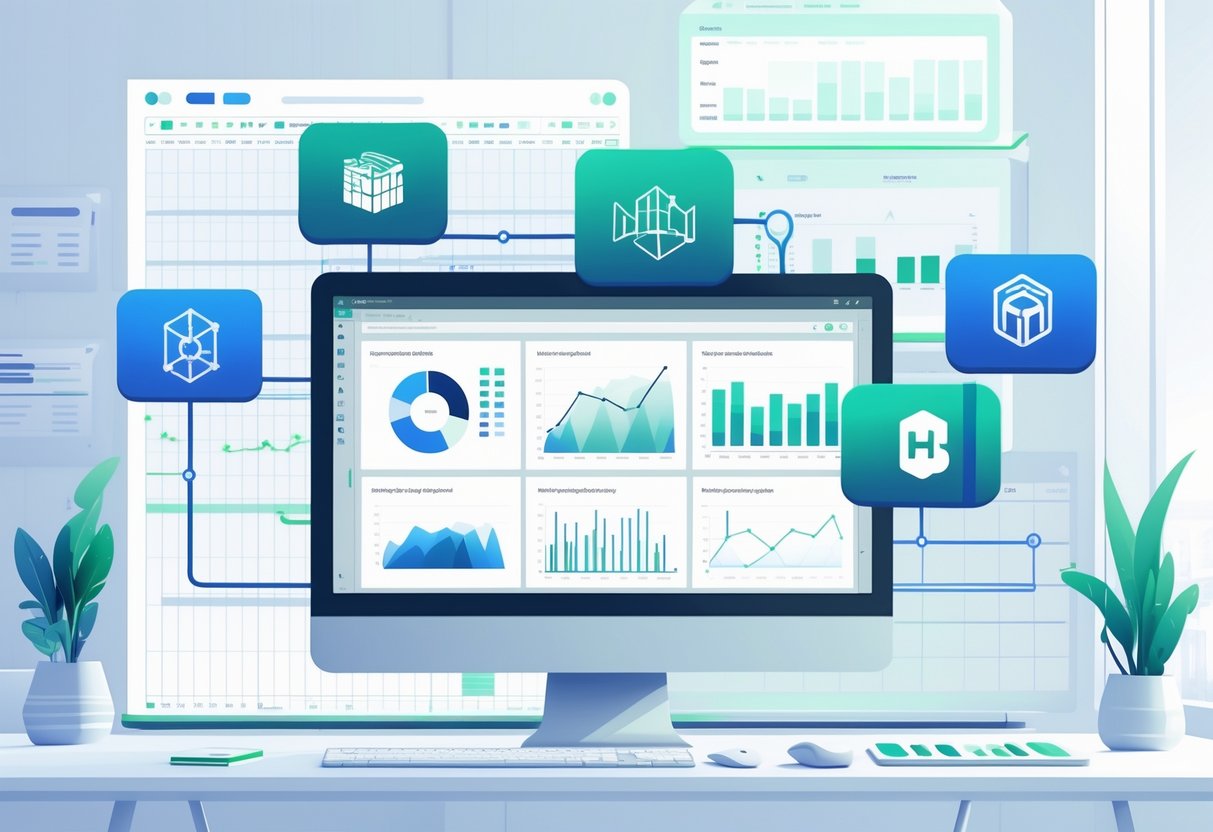 A modern office workspace with a large computer monitor showing various data dashboards and five icons representing popular business intelligence tools surrounding it.