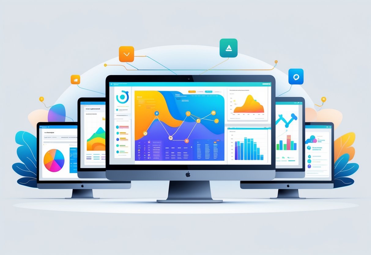 Five computer screens showing colorful data visualizations and charts representing advanced features of top business intelligence tools used by analytics engineers.