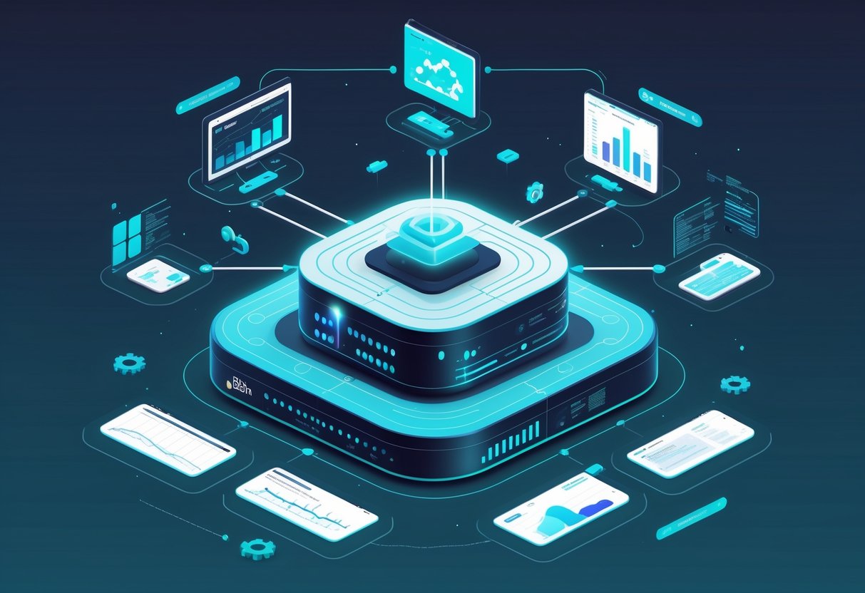 An illustration showing a central data hub connected by flowing lines to five distinct icons representing top business intelligence tools, surrounded by data charts and graphs.