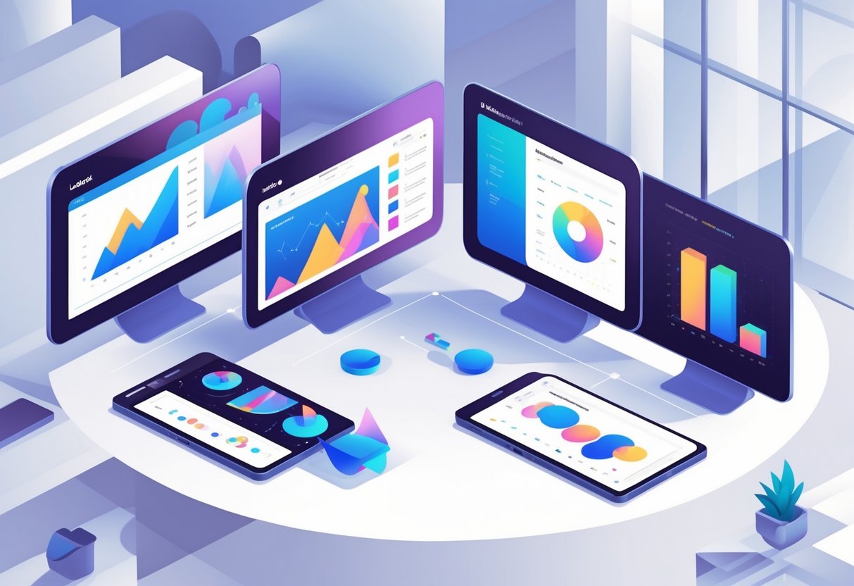A modern workspace with five digital screens showing colorful data charts and graphs, representing different business intelligence tools used by analytics engineers.