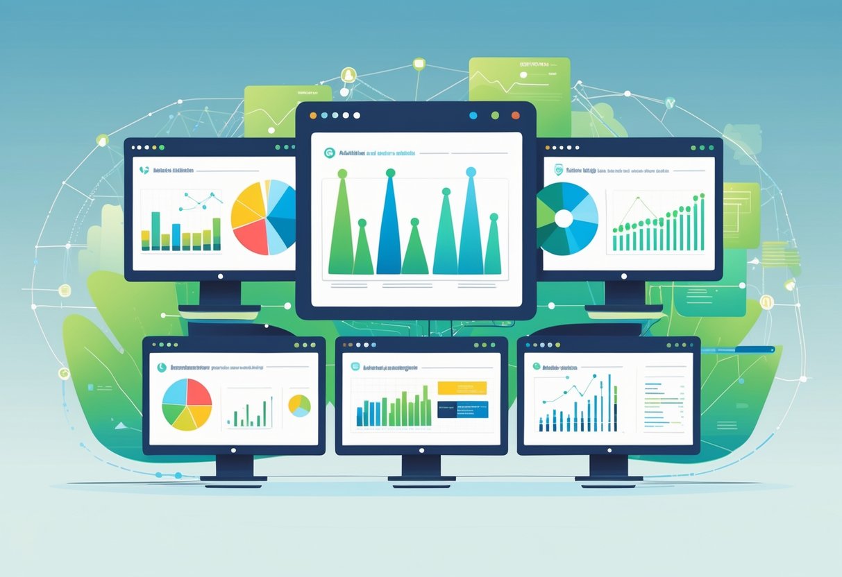 An illustration showing five different digital dashboards with colorful charts and graphs representing popular business intelligence tools used by analytics engineers.