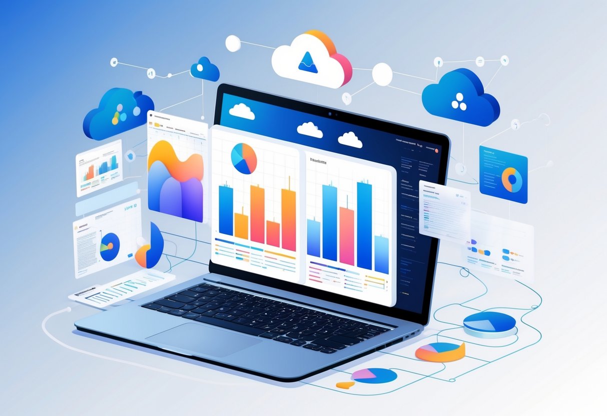 A workspace with a laptop showing colorful data charts and cloud icons, surrounded by coding and data network elements.