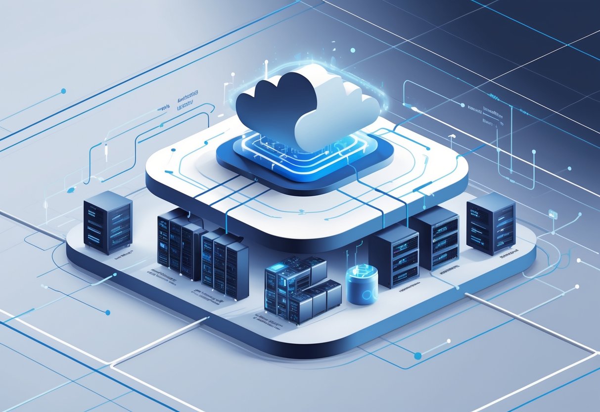 An illustration showing the layered architecture of a cloud data platform with data flowing through storage, compute, and ingestion components connected by pipelines.