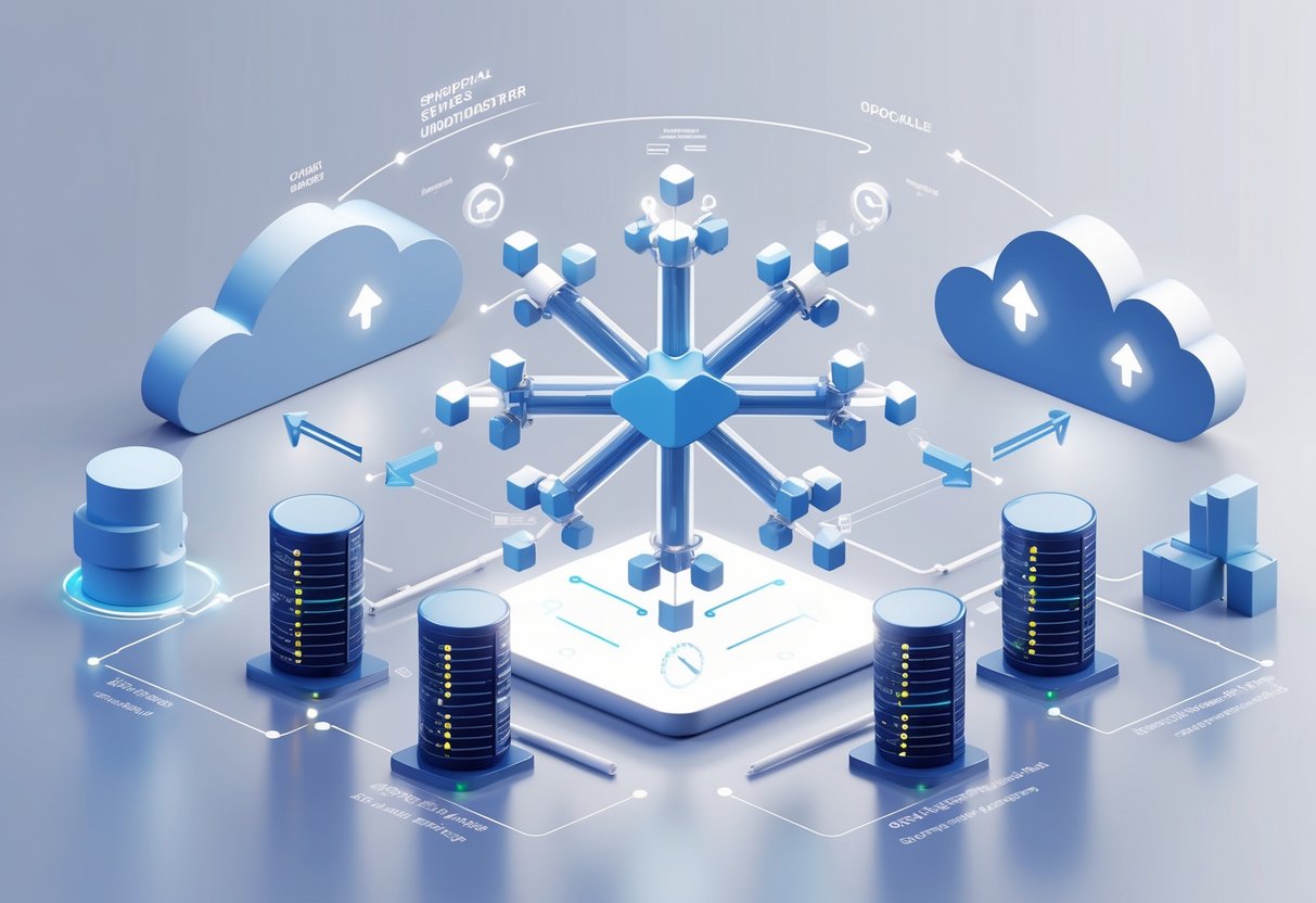 Illustration showing a central snowflake symbol surrounded by data storage cylinders, interconnected arrows, server racks, and cloud shapes representing key features of Snowflake for data analytics.