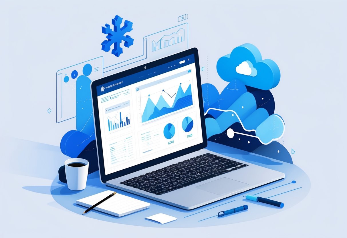 A workspace with a laptop showing data charts, surrounded by cloud and snowflake symbols, representing data analytics and cloud computing.