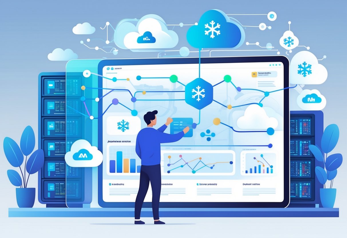 An analytics engineer working with a large digital screen showing interconnected data nodes and cloud icons representing data warehousing and cloud technology.