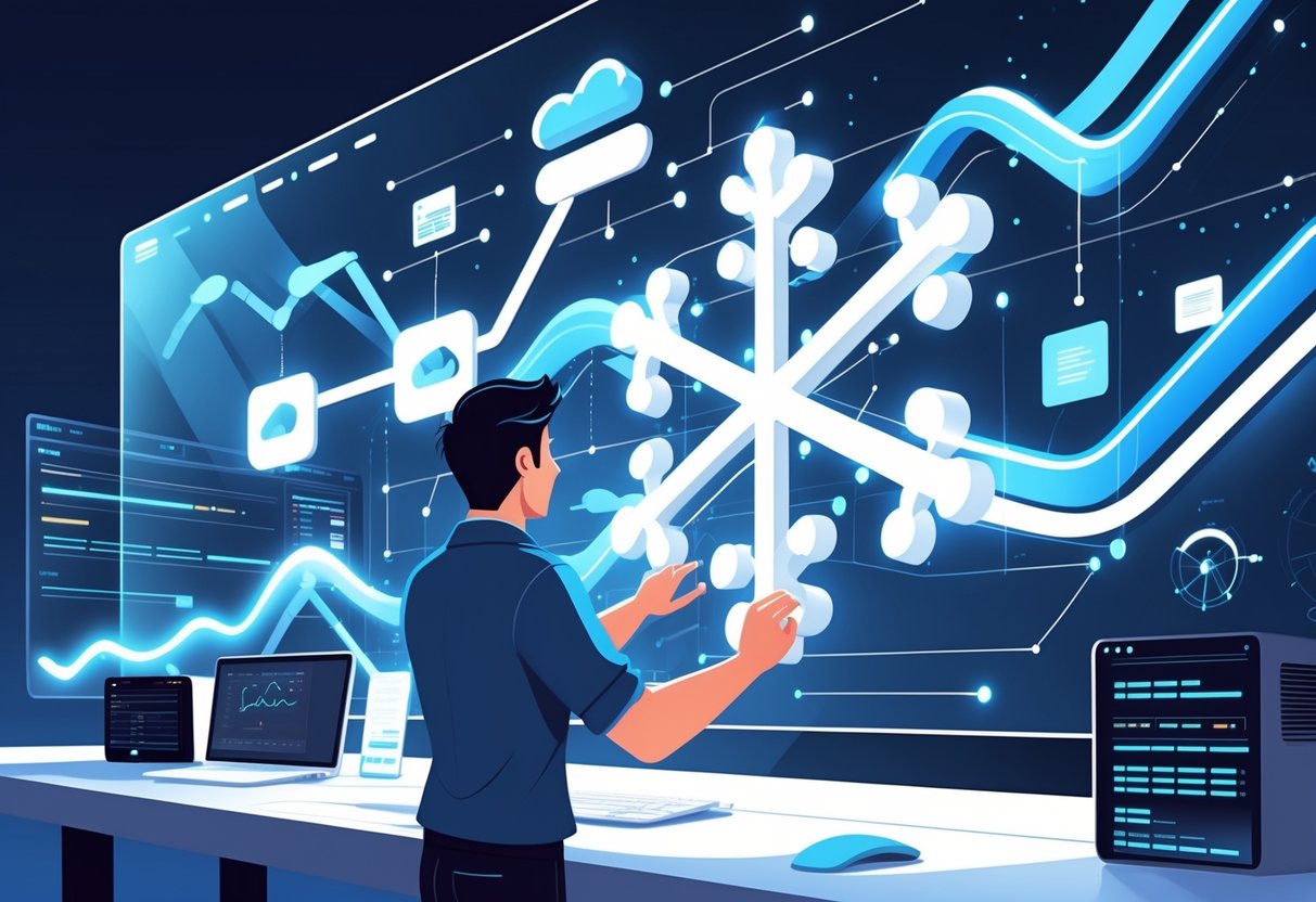 An analytics engineer working with a digital screen showing data flowing into a cloud database shaped like a snowflake, surrounded by data charts and server equipment.
