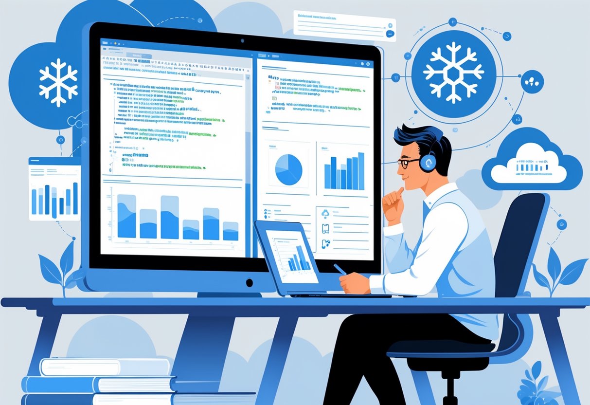 An analytics engineer working at a computer with SQL code and data charts on the screen, surrounded by digital data flow symbols and database icons.
