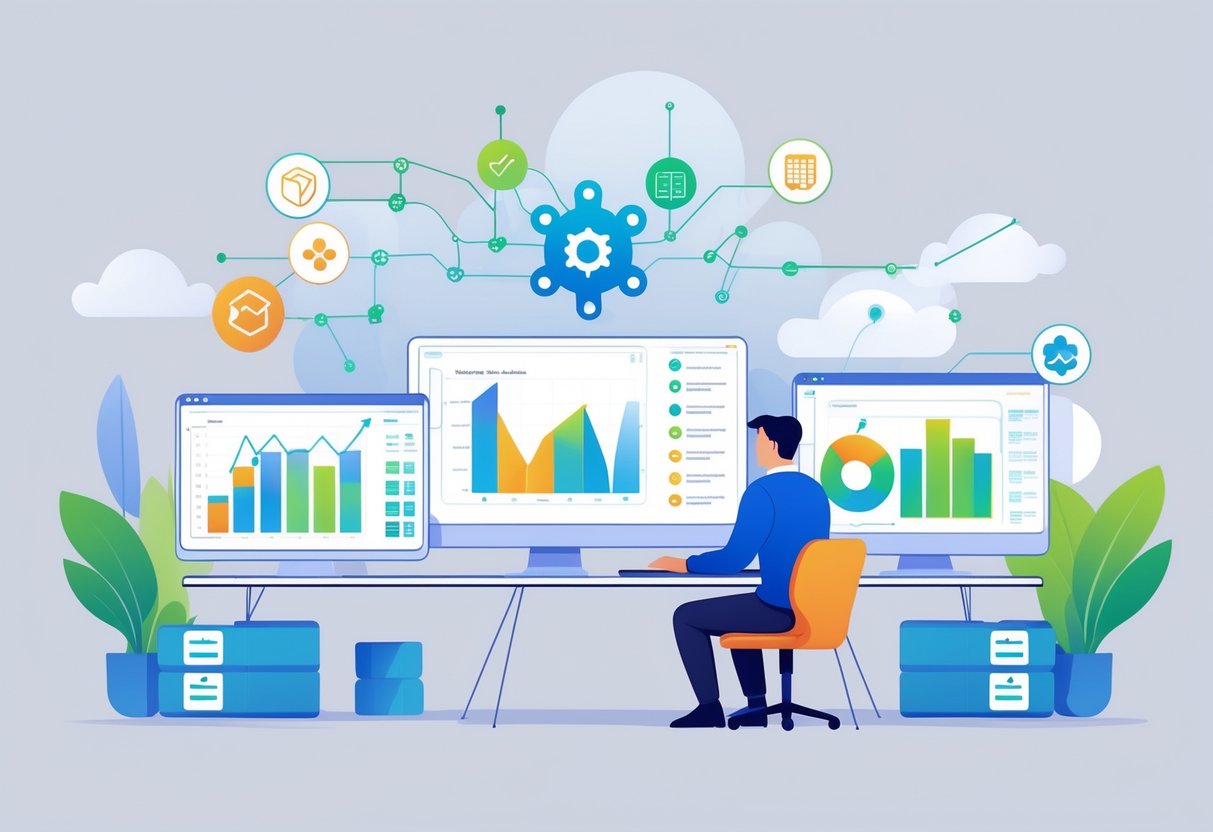An analytics engineer working at a desk with multiple screens showing data charts and data flow diagrams representing data cleaning and preparation in a cloud computing environment.