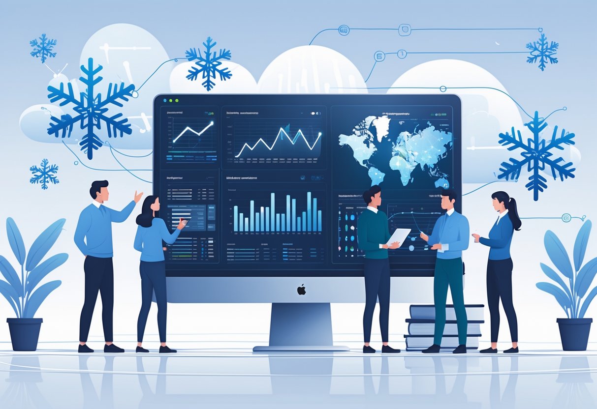 A group of professionals collaborating at a desk with a computer showing data charts and snowflake icons, representing cloud data analytics and performance optimization.