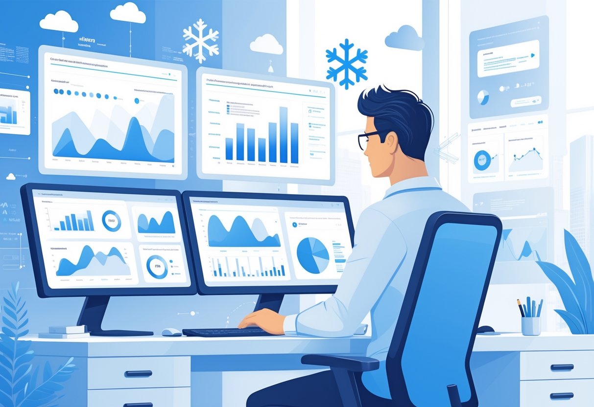 An analytics engineer working at a desk with multiple monitors showing data charts and graphs, surrounded by snowflake symbols and cloud icons representing data analytics and Snowflake technology.