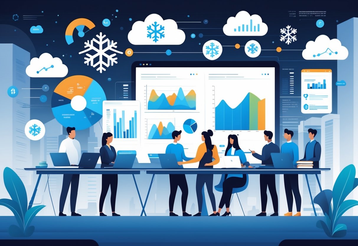 A group of professionals working together around a digital screen showing data visualizations and snowflake icons in a modern office setting.