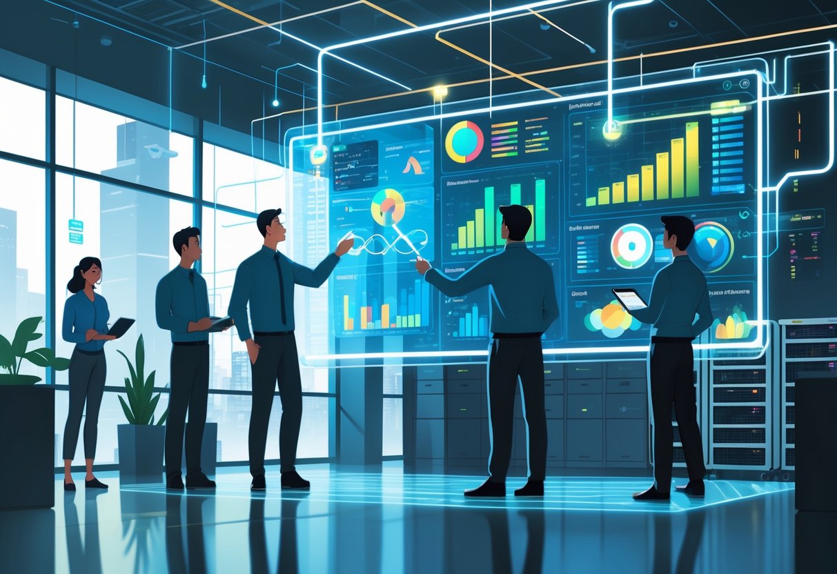 A group of analytics engineers working together around a digital dashboard displaying data visualizations and monitoring data connections in a modern office.