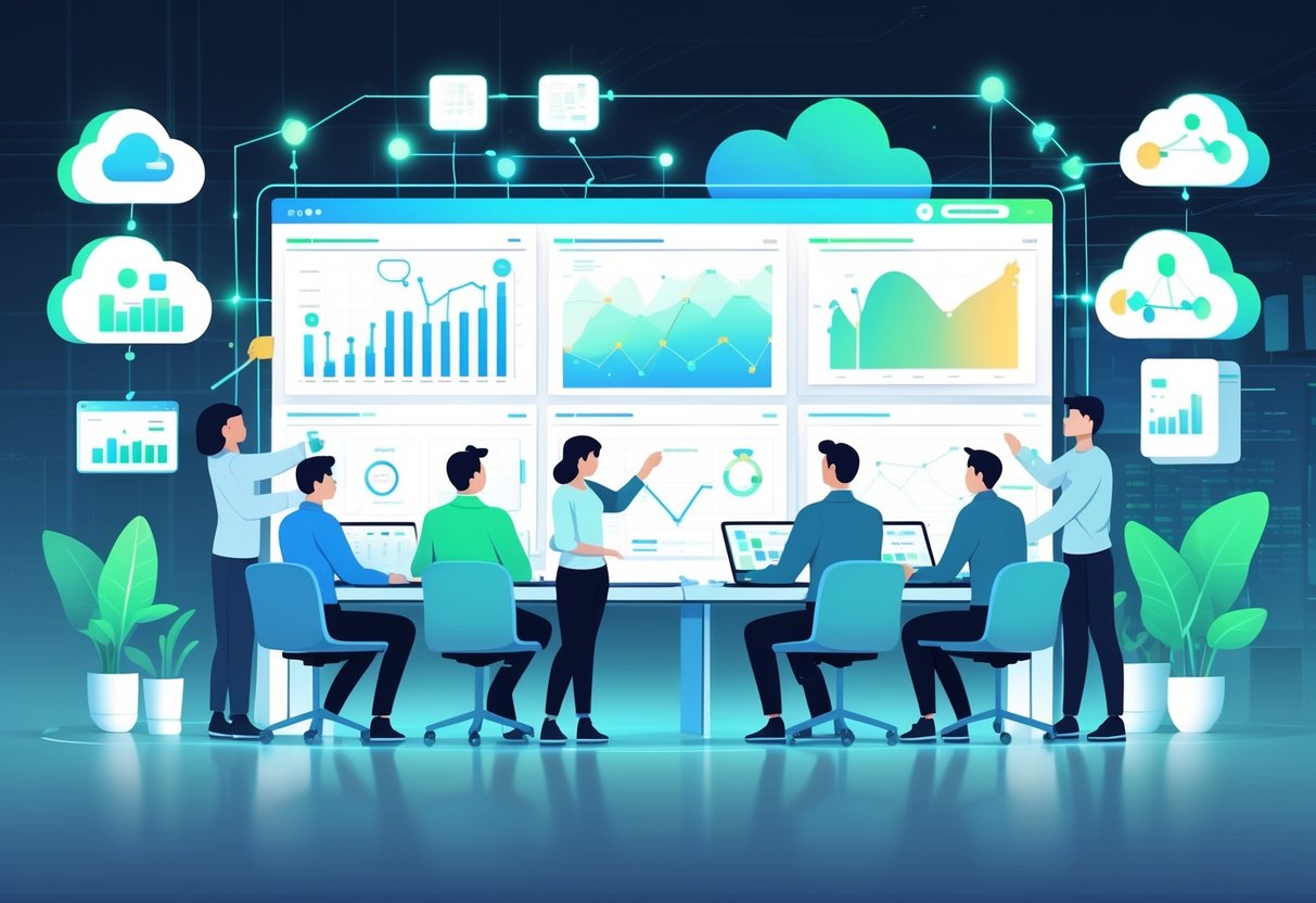 A team of professionals analyzing data visualizations on a large digital dashboard in a modern office setting.