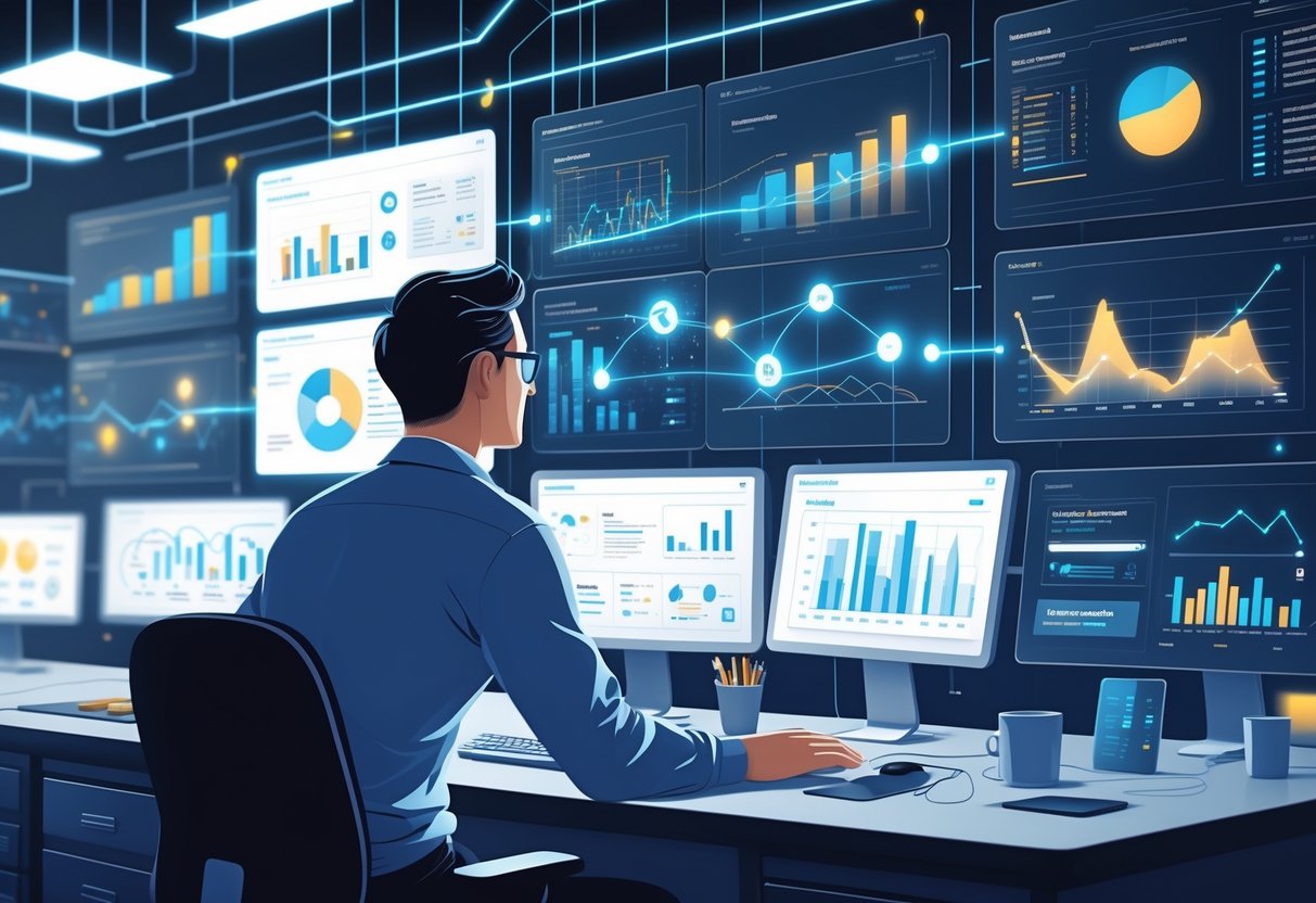 An analytics engineer working at a workstation with multiple digital screens showing data visualizations and interconnected data pipelines, representing data observability.