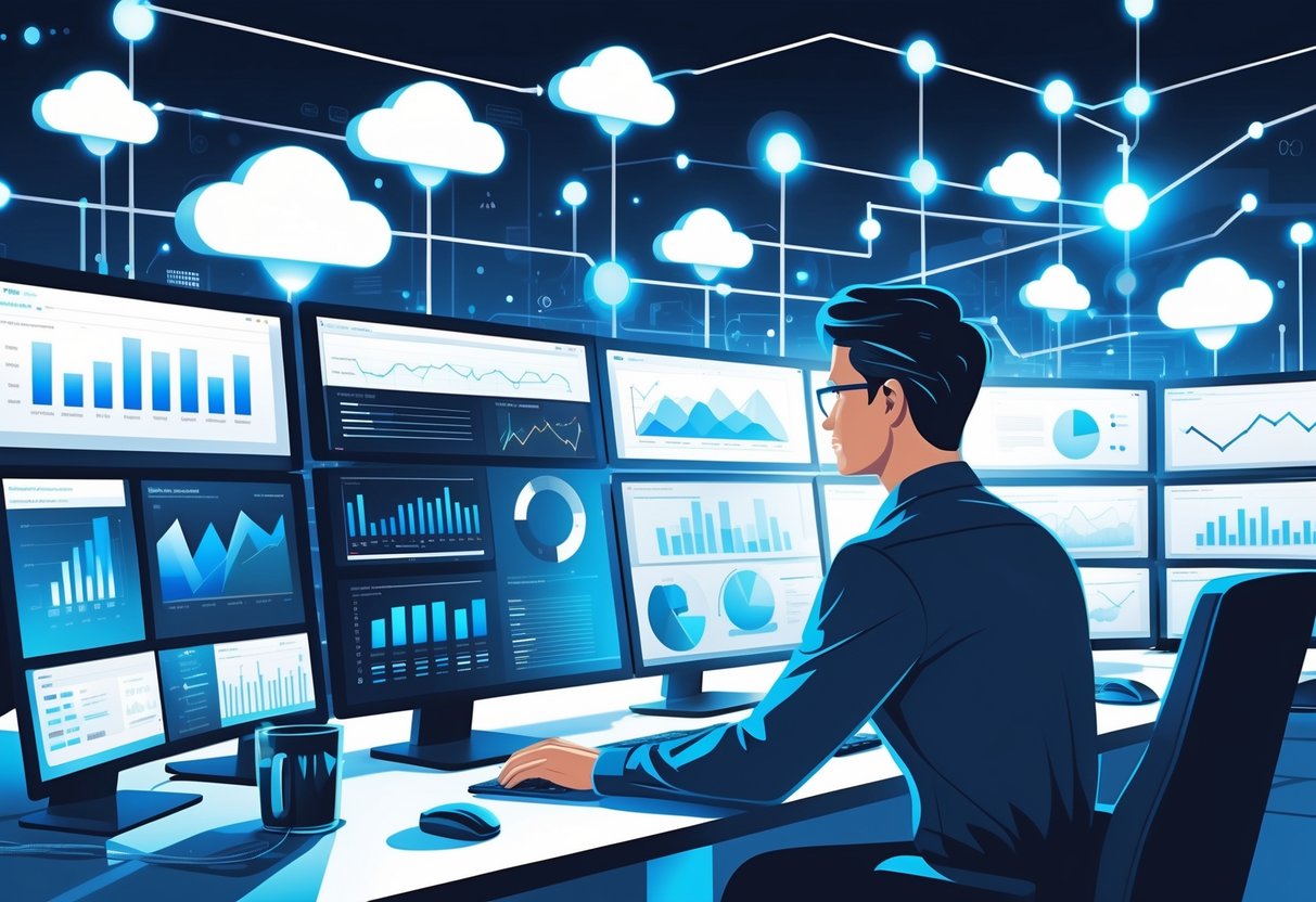 An analytics engineer working at a desk surrounded by digital screens showing data charts and interconnected data nodes representing data monitoring.