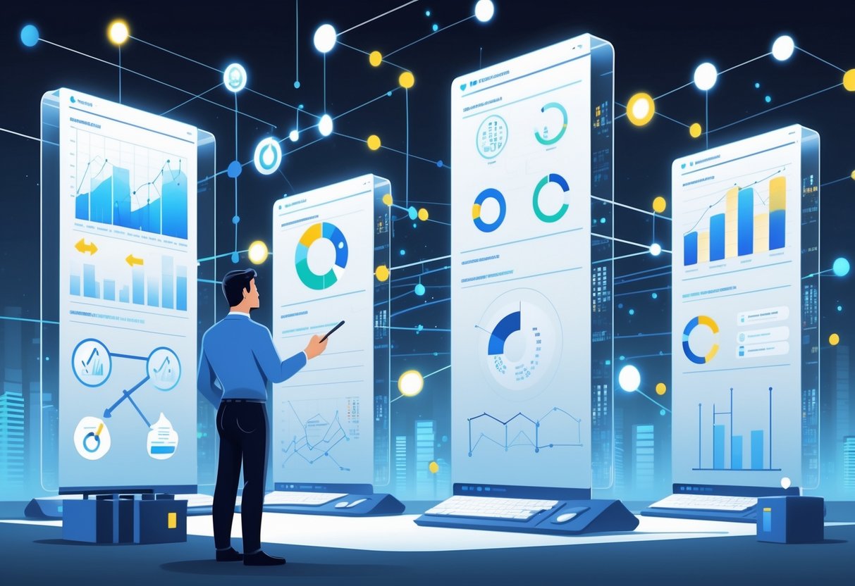 A professional workspace showing an analytics engineer interacting with a large digital dashboard displaying interconnected data visualizations and four abstract pillars representing key aspects of data observability.