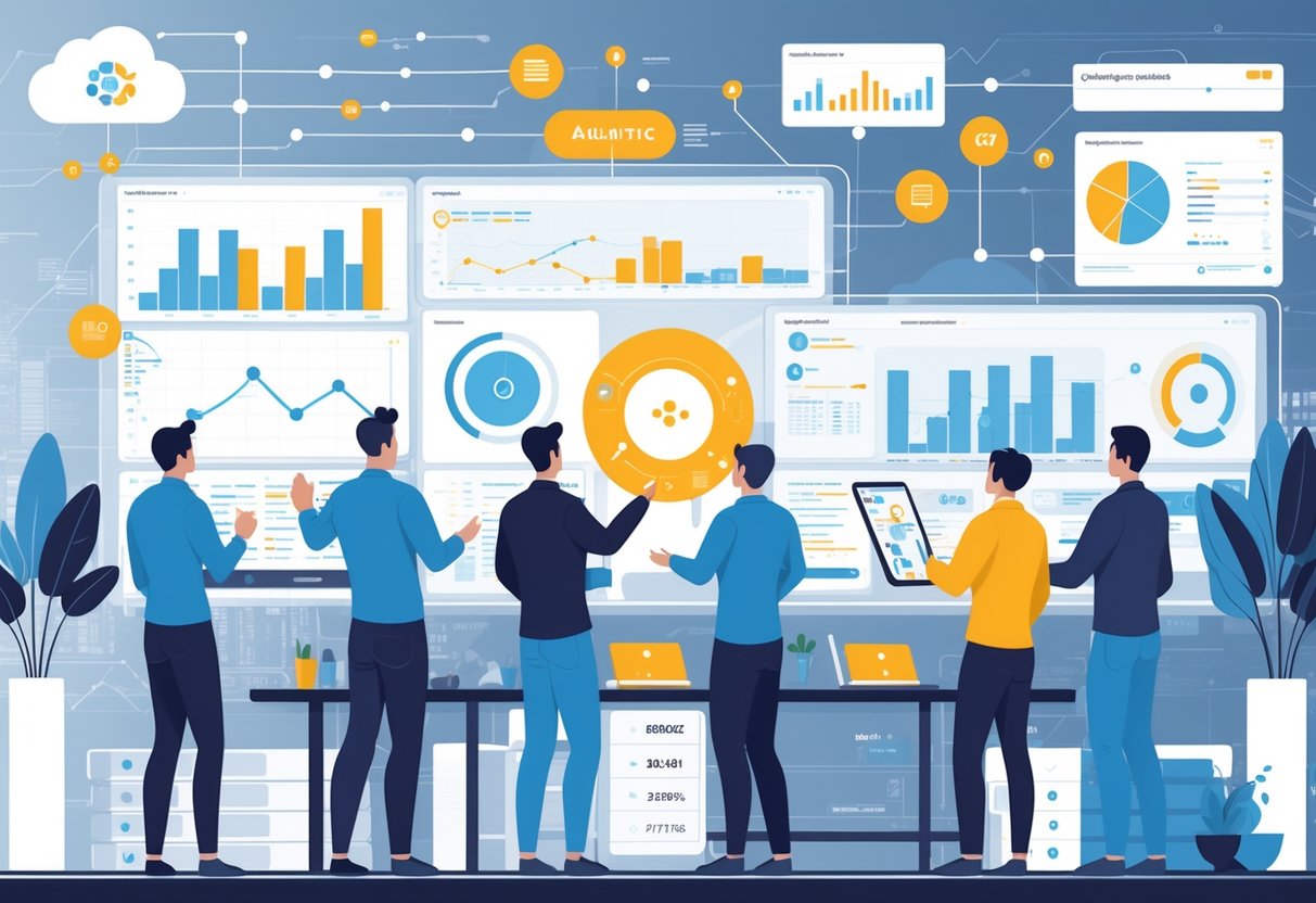 A group of analytics engineers working together in an office, analyzing data visualizations and monitoring data pipelines on transparent screens.