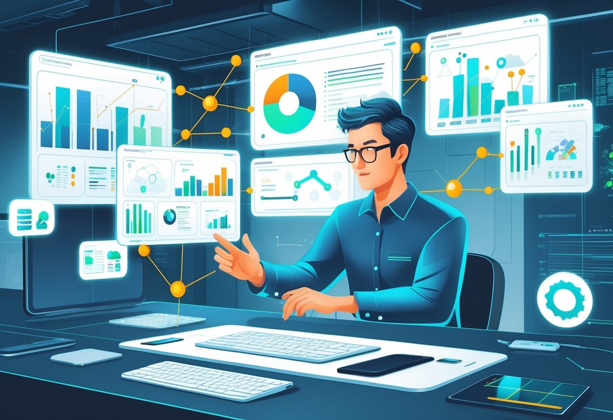 An engineer working with multiple floating digital screens showing data visualizations, charts, and connected nodes representing data observability tools and platforms in a modern office setting.