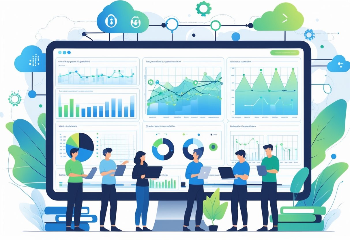 A group of engineers collaborating around a large digital dashboard displaying data charts and interconnected data nodes, representing data monitoring and analysis.