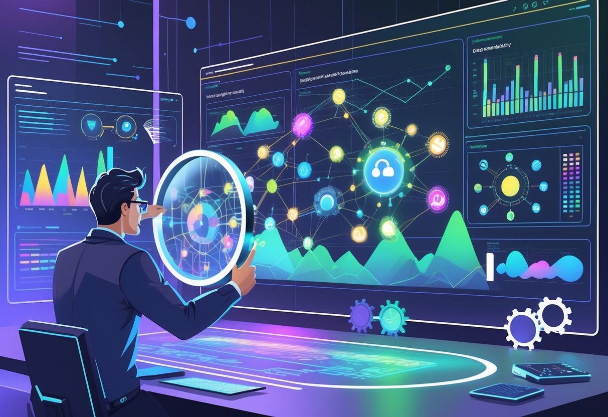 An engineer interacts with a holographic dashboard showing data visualizations and interconnected nodes representing machine learning and data monitoring.