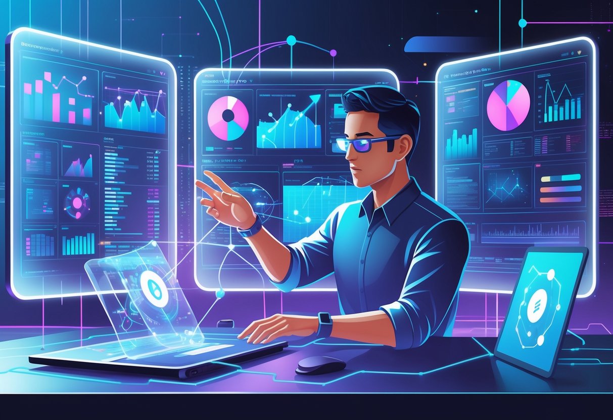 An analytics engineer interacting with floating digital data screens showing charts and graphs, surrounded by glowing data streams and network elements.