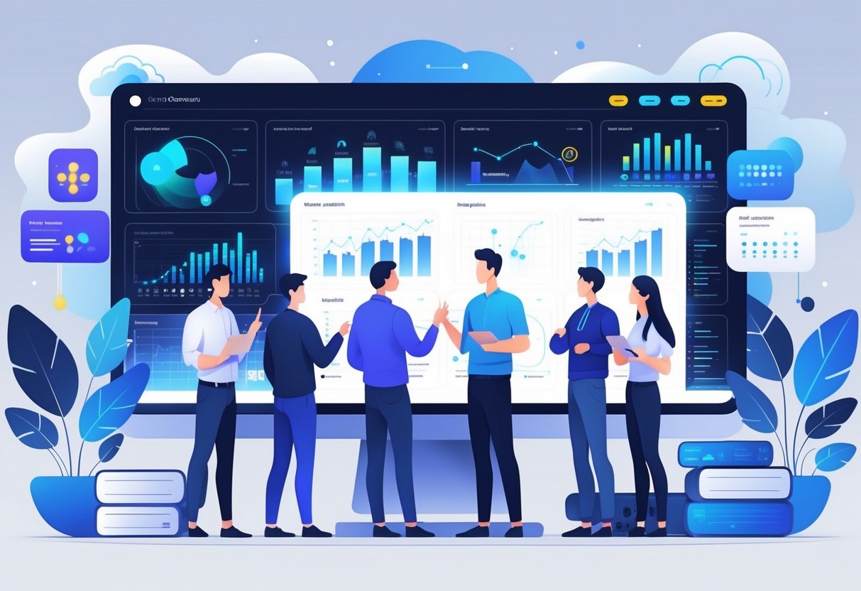 A group of analytics engineers collaborating around a digital dashboard showing data visualizations in a modern office setting.