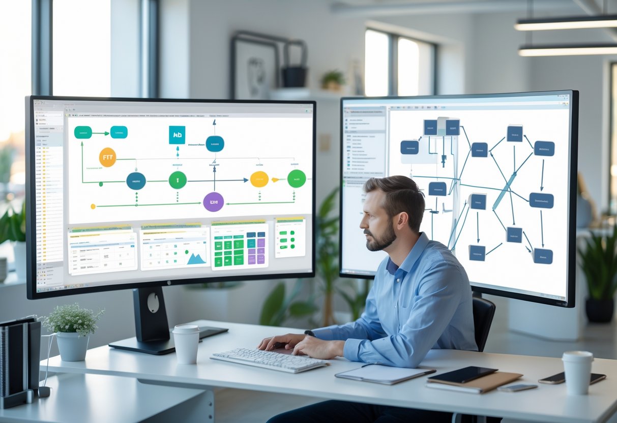 A data engineer working at a desk with two computer monitors showing different data workflow diagrams representing dbt and Airflow tools.