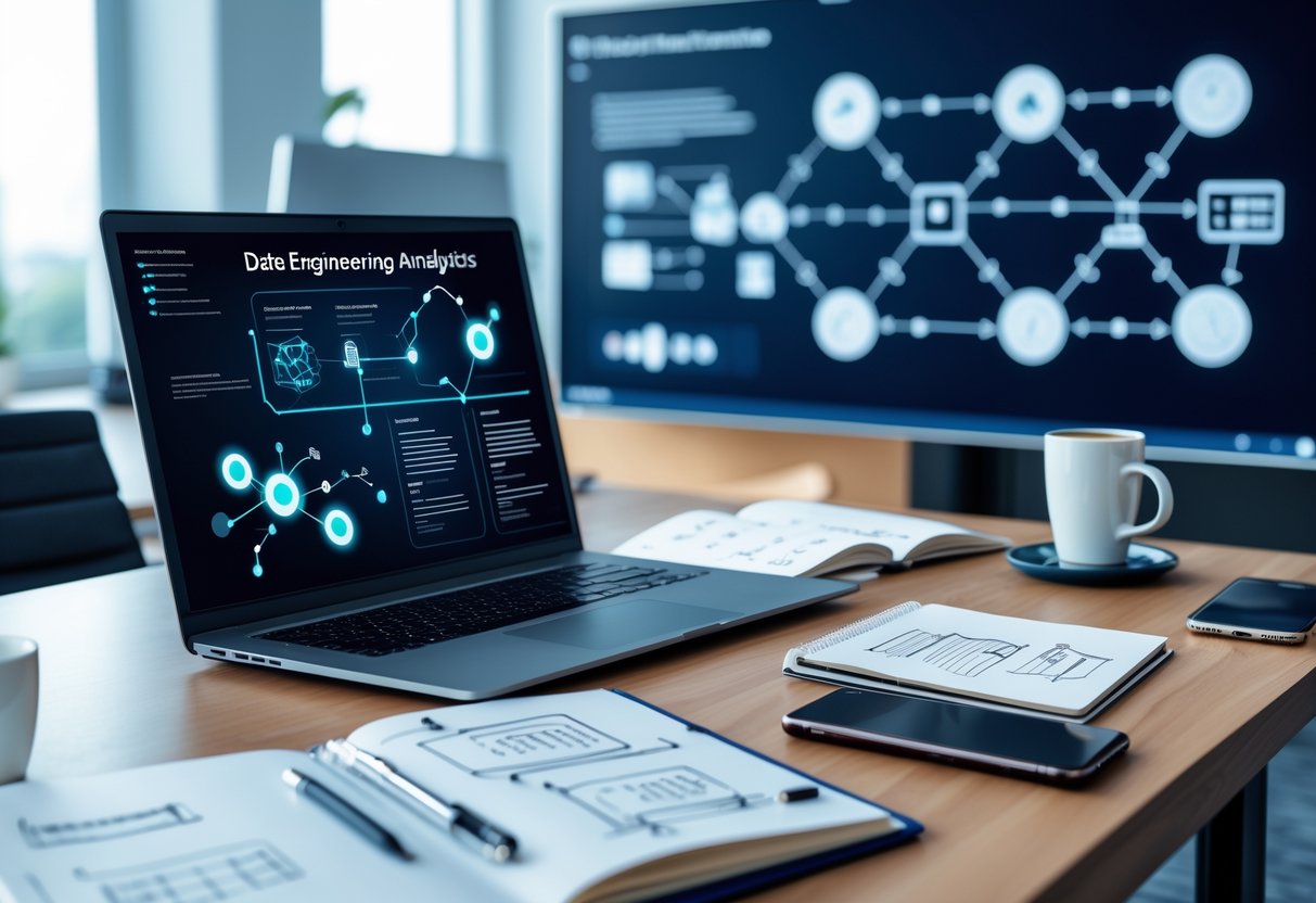 A modern office workspace with a laptop showing data flow diagrams, notebooks, a coffee cup, and a digital screen with abstract workflow visuals.