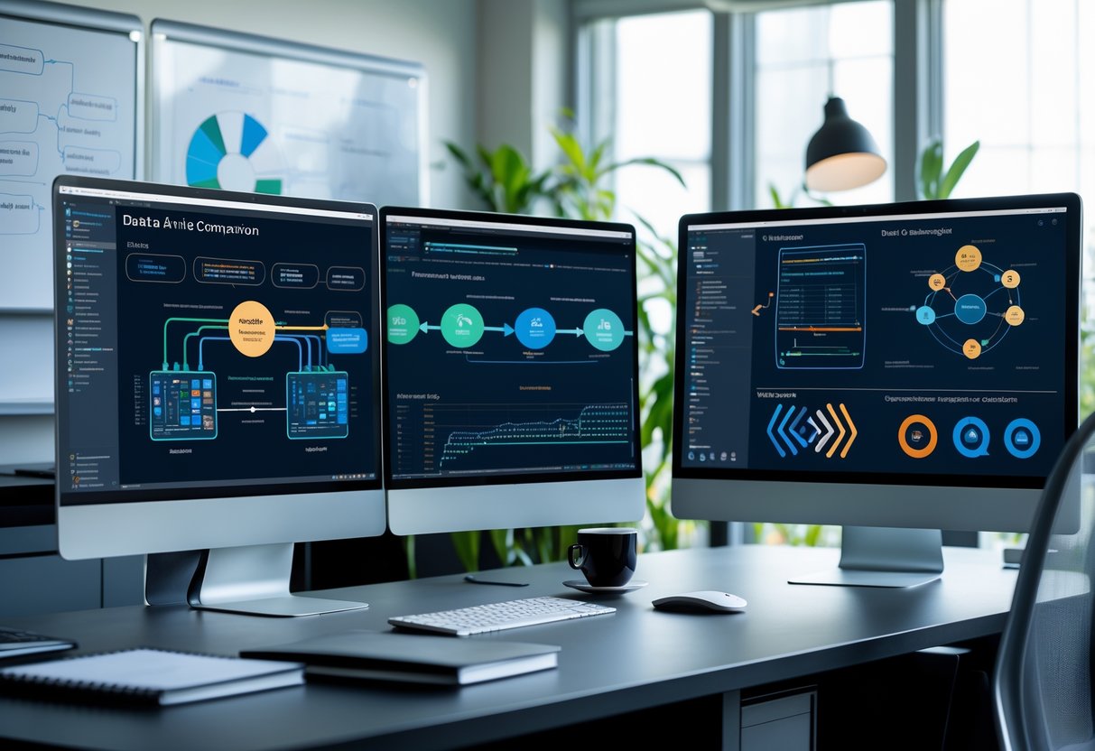 A modern office workspace with two computer monitors displaying data pipeline diagrams, surrounded by notebooks and a coffee cup.