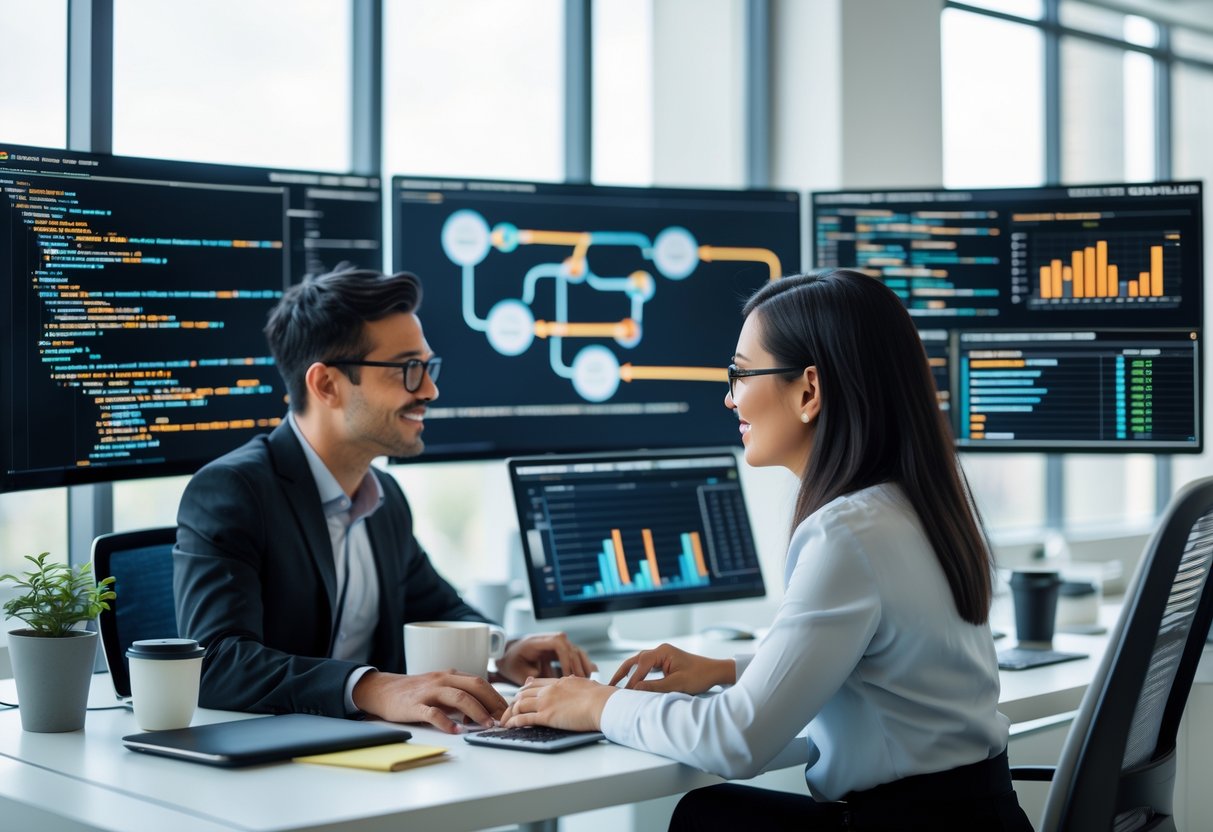 Two data engineers collaborating at a desk with multiple monitors displaying data workflows and charts in a modern office setting.