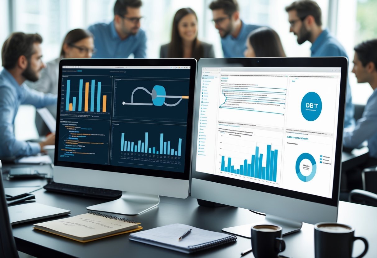 A modern office with two computer monitors showing data workflows and charts, a laptop, notebook, coffee cup, and professionals collaborating in the background.