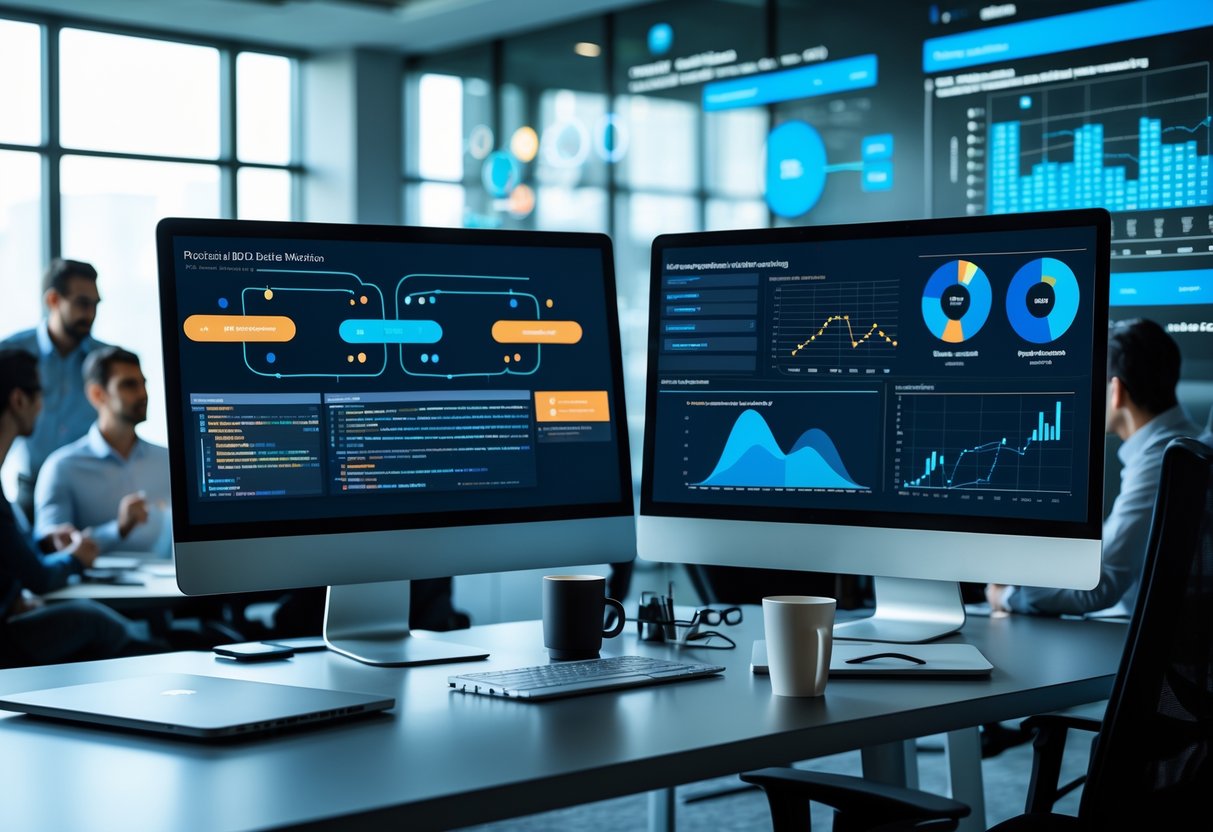 A modern office scene with two computer monitors showing data workflows and graphs, with professionals collaborating in the background.