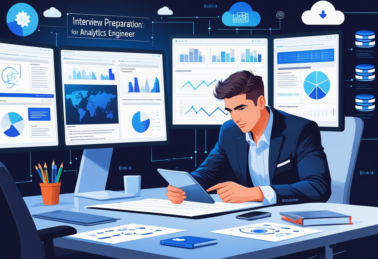 A person studying at a desk with computer screens showing data charts and code, surrounded by symbols representing data analytics and engineering.