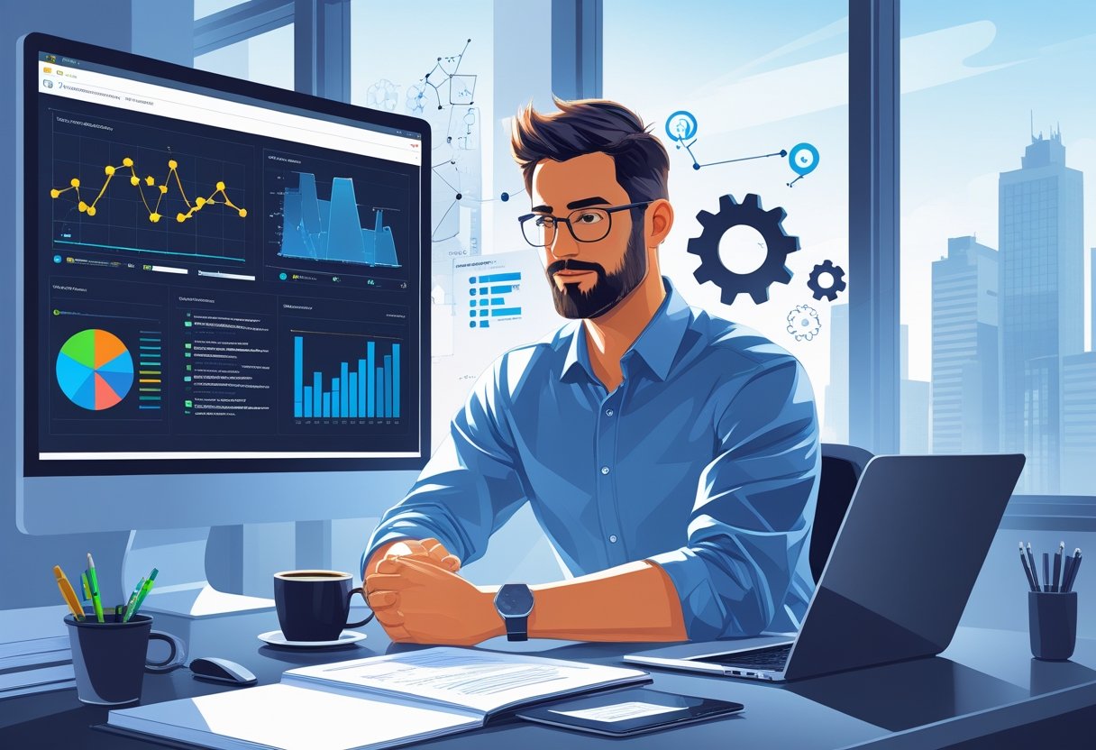 An analytics engineer working at a desk with a computer showing data charts and code, surrounded by icons representing analytics and technology.